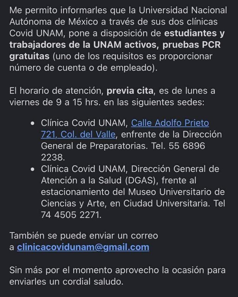 Información sobre  pruebas PCR gratuitas para alumnos y trabajadores de la UNAM activos